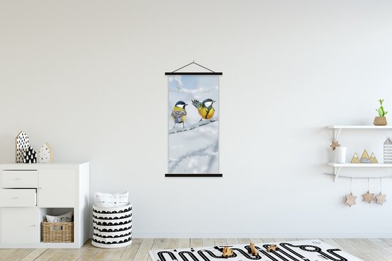 Porte-affiche avec Poster 60x120 cm - Affiche scolaire - Vogel - Mésange charbonnière - Hiver - Neige - Branches - Affiche textile - Lattes noires
