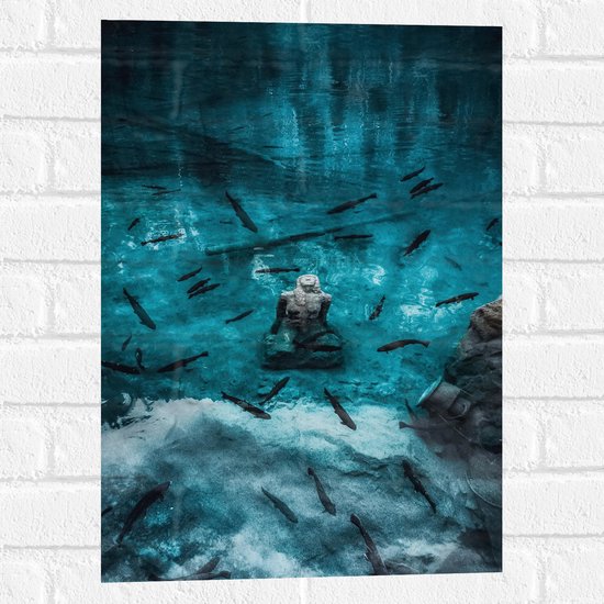 WallClassics - Muursticker - Standbeeld in het Water met Vissen - 40x60 cm Foto op Muursticker