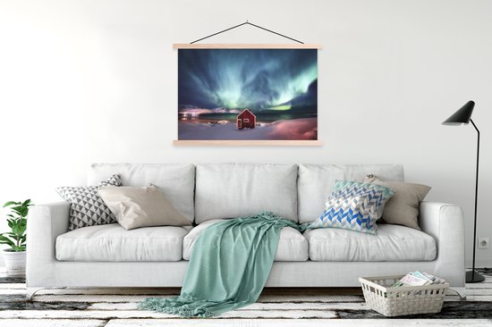 Aurores boréales au dessus d'un hangar en bois affiche textielposter lattes vierges 120x80 cm - Tirage photo sur plaque scolaire (décoration murale salon / chambre)