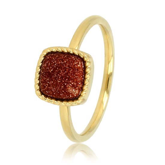 My Bendel - Gouden ring met vierkanten Gold Sandstone edelsteen - Opvallende zegelring met sprankelende Gold Sandstone edelsteen - Met luxe cadeauverpakking