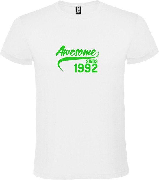 Wit T-Shirt met “Awesome sinds 1992 “ Afbeelding Neon Groen Size L