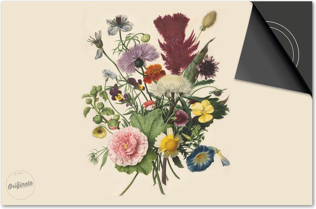 Inductie beschermer 60x60 - afdekplaat inductie mat - Dietrix Kookplaat beschermer - DELUXE - Bloemen en Planten - Veldboeket op lichtgeel