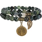 Bixorp Gems Dubbele Donkere Serpentijn Armband met Levensboom & Veertje - Edelsteen Kralenarmband met Hanger - Chakra