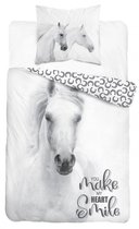 Dekbedovertrek - Wit paard- 1 persoons- katoen- dubbelzijdig- "Smile" - dekbed Horse