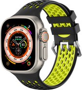 Strap-it Sportbandje met gesp - Geschikt voor Apple Watch bandje - Series 1/2/3/4/5/6/7/8/9/SE/Ultra (2) - Zwart/Geel - Siliconen bandje voor sport - Loop iWatch bandje maat: 42 mm 44 mm 45 mm 49 mm