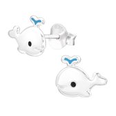 Joy|S - Zilveren walvis oorbellen - 9 x 7 mm - zilver met blauw - kinderoorbellen