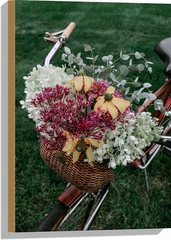 WallClassics - Bois - Composition Florale en Panier de Vélo - 40x60 cm - 9 mm d'épaisseur - Photo sur Bois (Avec Système d'Accrochage)