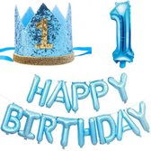 Cakesmash eerste verjaardag set Happy Birthday blauw met goud - ballon - verjaardagshoed - cakesmash - verjaardag - eerste verjaardag - 1
