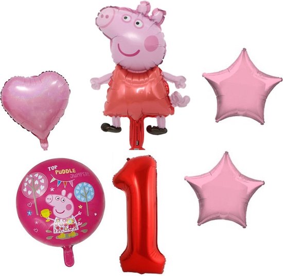 Peppa Pig ballonnen set verjaardag 1 jaar - folie ballon - 6 delig