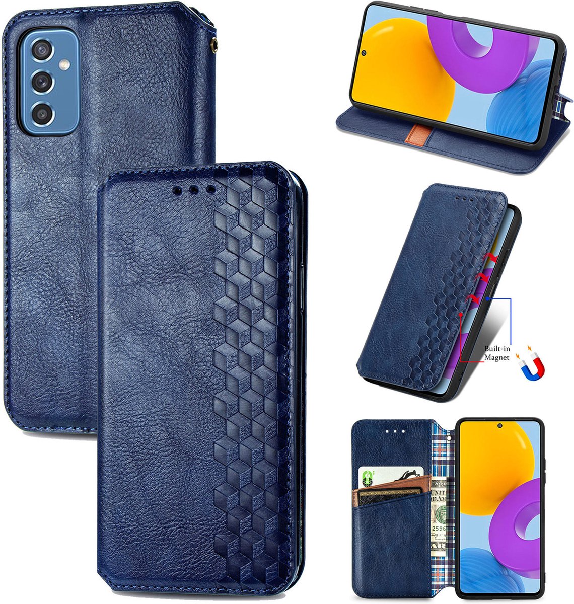 Luxe PU Lederen Ruitpatroon Wallet Case + PMMA Screenprotector voor Galaxy M52 5G _ Blauw