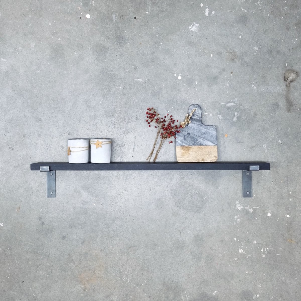 GoudmetHout Wandplank Industrieel - 40 x 10 cm Muurplank - Zwart Eiken Hout - Decoratie Wandrek & Boekenrek - Hangplank Keuken - Wall Shelf + 2 Plankdragers van Ruw Staal Zwart - Zonder coating - 10 cm