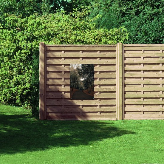 WallClassics - Poster de jardin – Chemin à travers la forêt - 60 x 90 cm Photo sur poster de jardin (décoration murale pour l'extérieur et l'intérieur)