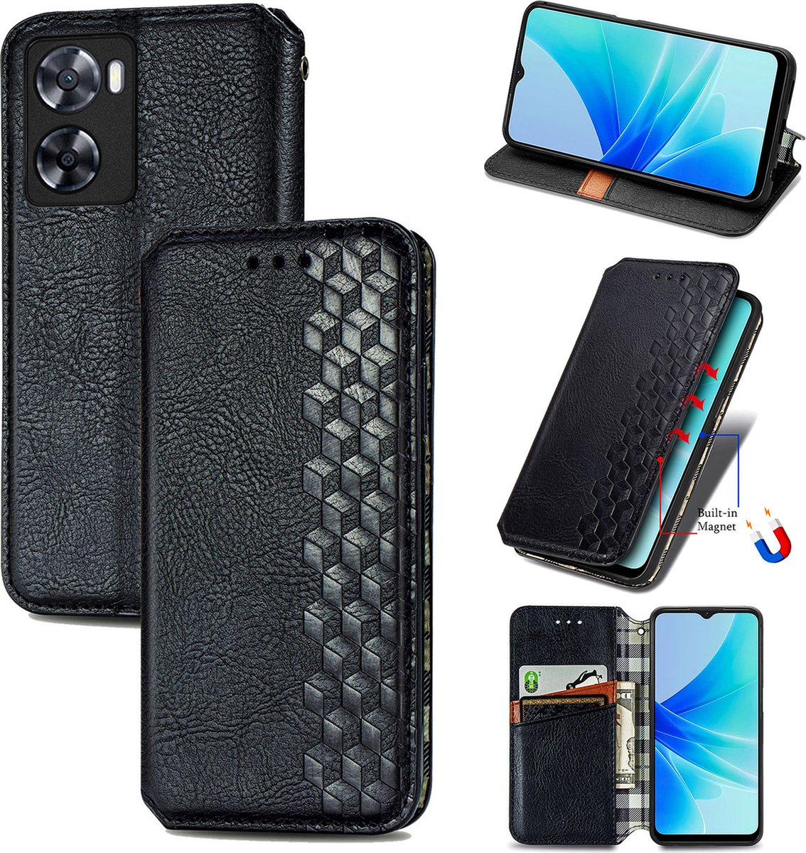Luxe PU Lederen Ruitpatroon Wallet Case voor OPPO A57 4G / A57s 4G _ Zwart