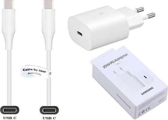 Chargeur rapide + cable USB-C PD 25W, 1m, Blanc