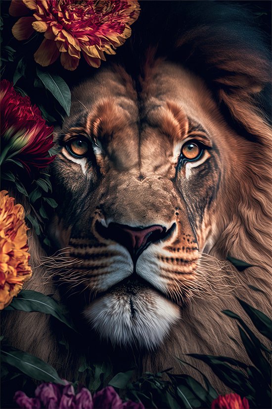Leeuw met bloemen #2 - plexiglas schilderij - 80 x 120 cm