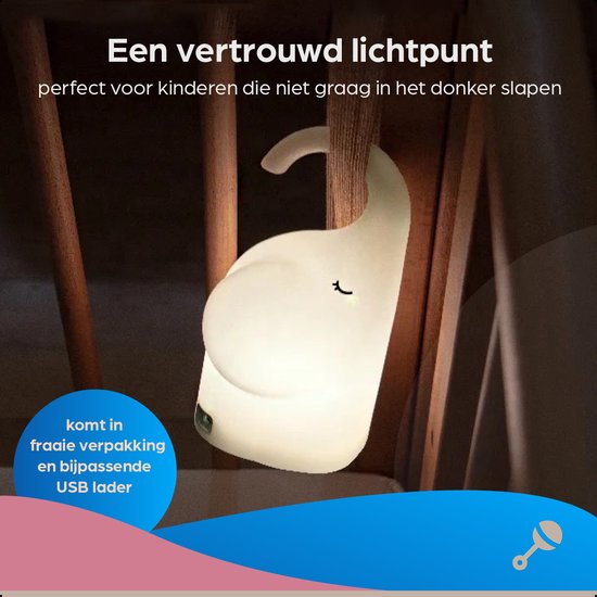 Olifantenlampje - Draadloos Nachtlampje Kinderen - Tafellamp Slaapkamer - Baby - Slaapkamer - Nachtlampjes - Olifanten Lampje - Olifantenlampje - Nachtkast Lamp - Nachtlampje Olifant van Rammelaar& — afbeelding 4