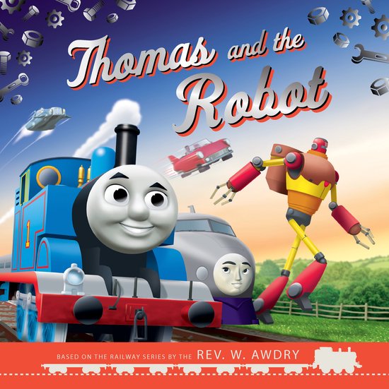 Thomas le train regarde un robot et une voiture volante. Le titre est 'Thomas et le Robot'.