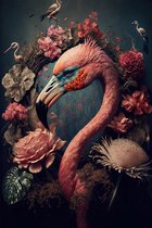 Flamingo met bloemen - canvas - 60 x 90 cm