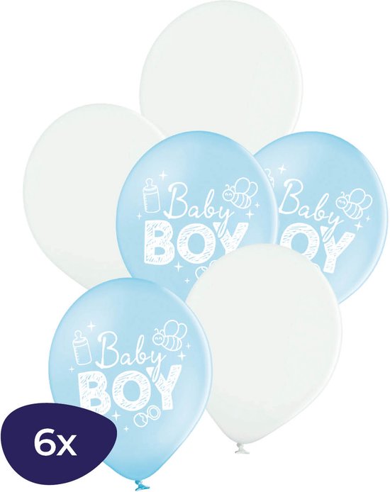 Baby Boy Ballonnen - Babyshower Jongen - Babyshower Versiering - Gender Reveal Ballonnen - Geboorte Ballonnen - Babyshower Ballonnen - Blauwe Ballonnen - Witte Ballonnen - 6 Stuks