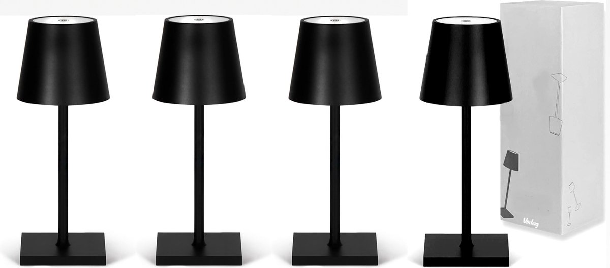 Oplaadbare Tafellamp - 4 stuks - Dimbaar - Modern - Draadloos - Aluminium - incl kabel - Mat zwart - Stijlvol
