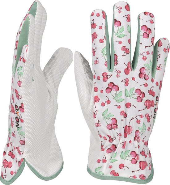 Twee witte tuinhandschoenen met kersenpatroon, één in profiel en één met handpalm naar voren.