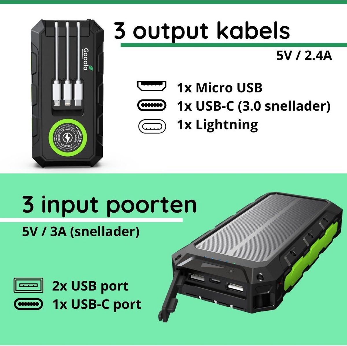 Gooala Solar Powerbank 30.000mAh Groen 18W Zonne-energie - afbeelding 3