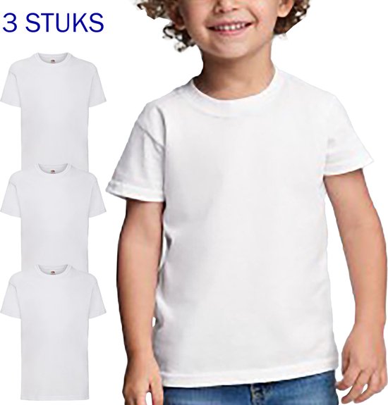 3 PIECES - FRUIT OF THE LOOM T-shirts Kids Unisexe - Wit - T-shirt Valueweight - Taille 98 - 2 | 3 ans - Regular Fit - Manches courtes - Col rond - 160g/ m2 - Lot de 3