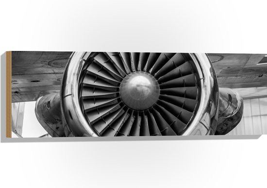 WallClassics - Hout - Vliegtuigmotor in het Zwart Wit - 90x30 cm - 9 mm dik - Foto op Hout (Met Ophangsysteem)