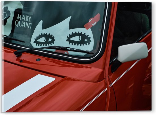 WallClassics - Acrylglas - Stickers op Voorruit van Rode Auto - 40x30 cm Foto op Acrylglas (Met Ophangsysteem)