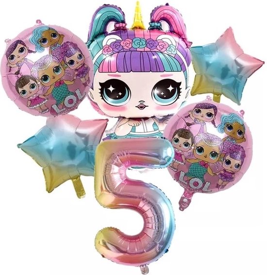 L.O.L. Surprise Ballonnen Pakket - Versiering - Verjaardag - Birthday - LOL - Rainbow - 5 jaar - Leeftijdsballon - Metallic - Decoratie - Kinderen - Kinderpartijtje - Themafeest - 6 stuks - Helium - Folieballonnen