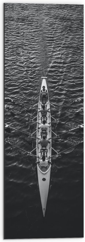 WallClassics - Dibond - Bovenaanzicht van Groeps Kano met Vijf Zeilers - 30x90 cm Foto op Aluminium (Met Ophangsysteem)