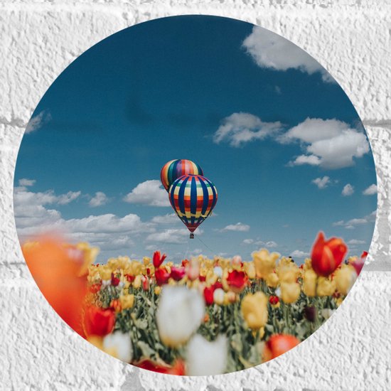 Muursticker Cirkel - Twee Luchtballonnen boven Meerkleurig Tulpenveld - 20x20 cm Foto op Muursticker