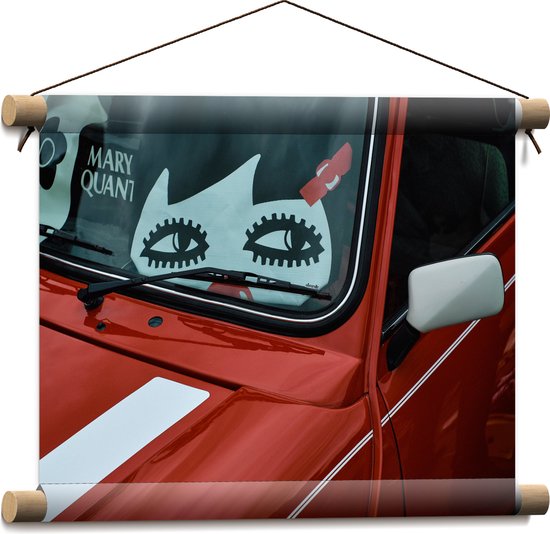WallClassics - Textielposter - Stickers op Voorruit van Rode Auto - 40x30 cm Foto op Textiel