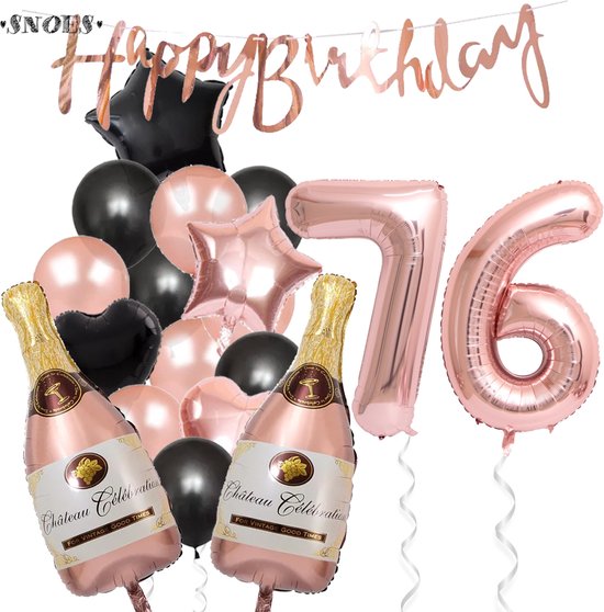 76 Jaar Verjaardag Cijferballon 76 - Feestpakket Snoes Ballonnen Pop The Bottles - Rose Zwart Versiering