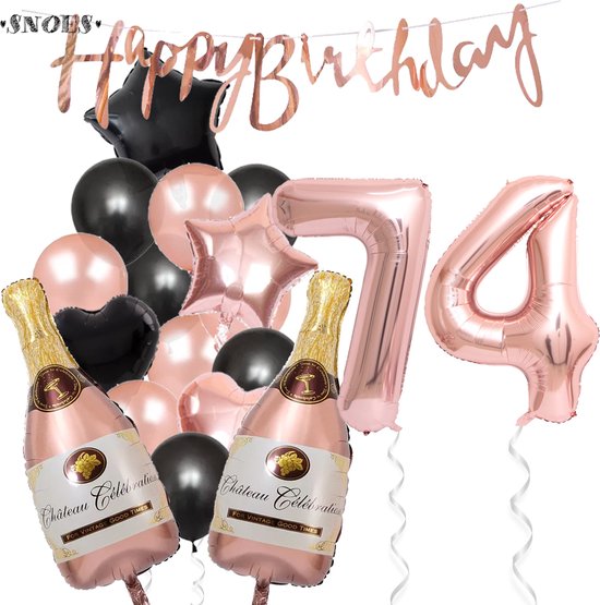 74 Jaar Verjaardag Cijferballon 74 - Feestpakket Snoes Ballonnen Pop The Bottles - Rose Zwart Versiering