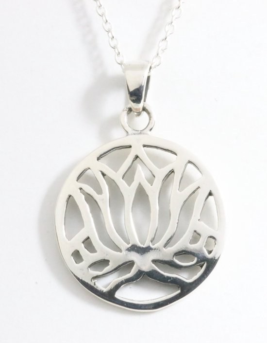 Ronde opengewerkte zilveren lotus bloem hanger aan ketting