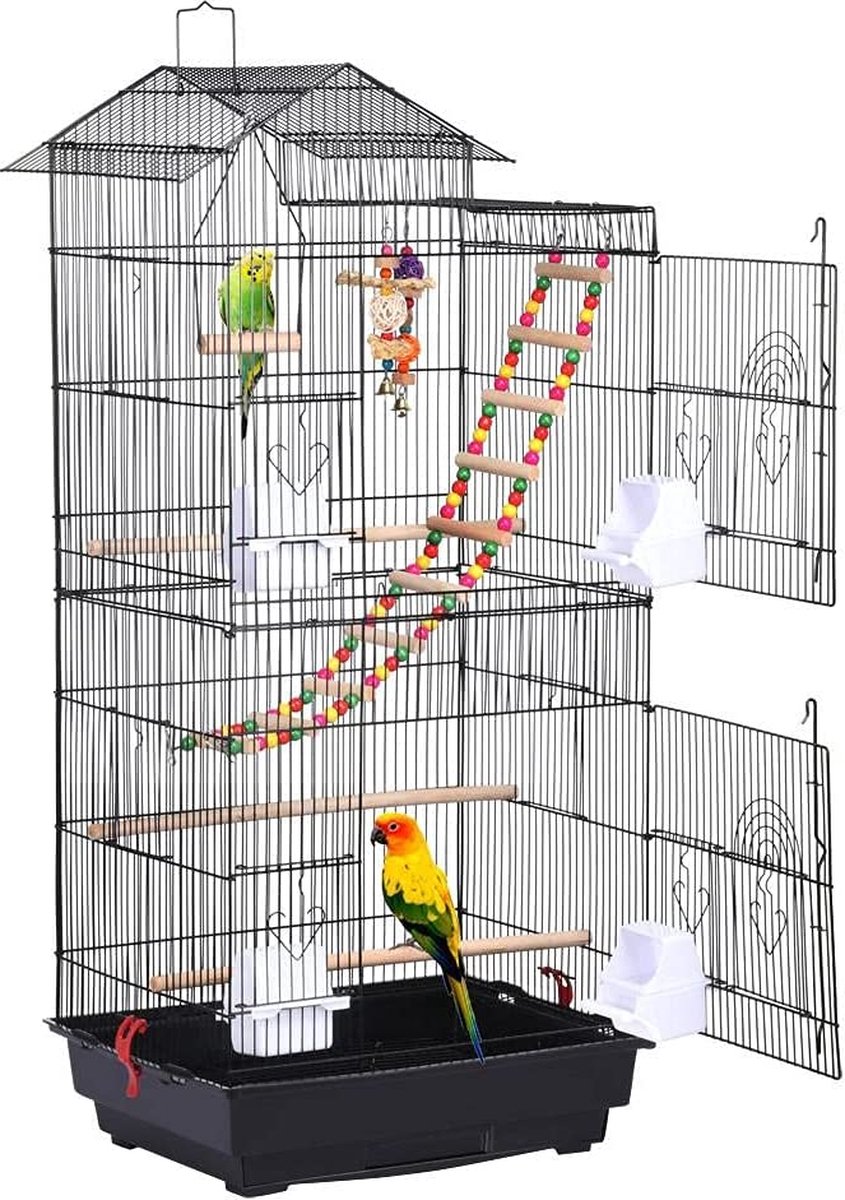 Vogelkooi met vogelspeelgoed kooispeelgoed kooispeelgoed parkietkooi valkparkieten vinkpapegaaien kooi met vogeltrap zwart HM-YAHEE-591471