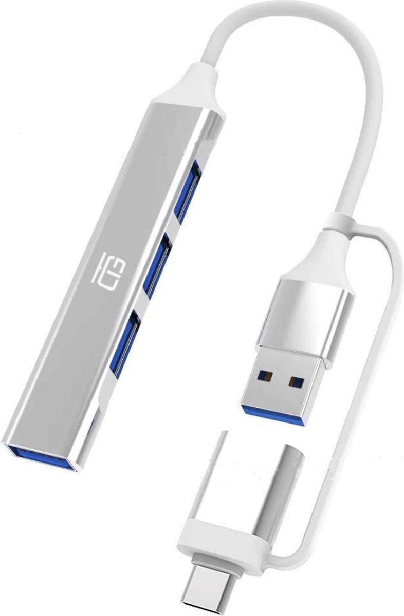 Trusted Goods® - Multifunctionele 4-in-1 USB & USB C-Hub - Splitter - Adapter - Docking Station - met OTG-functie - USB C 3.0/3.1 Versie - 4 Poorten - Zilver/Grijs