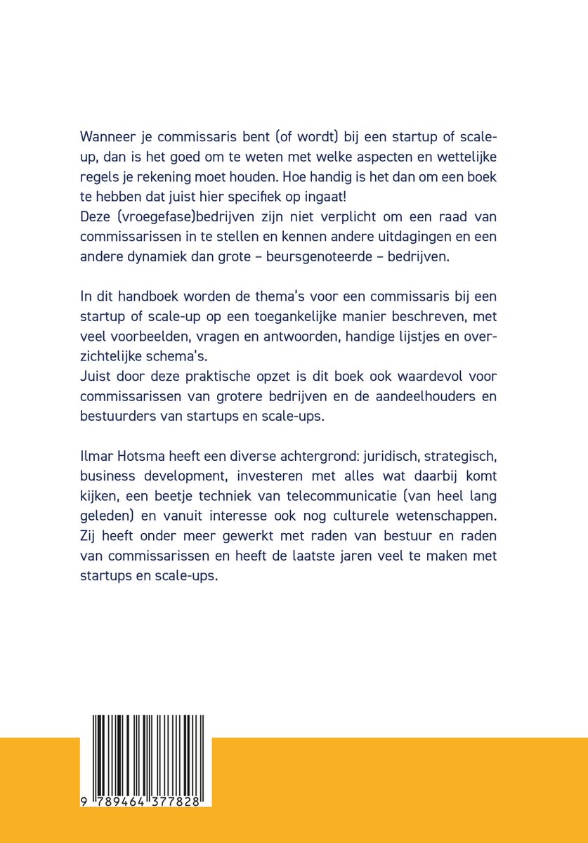 Achterkant van een boek met tekst over de rol van commissarissen in startups en scale-ups en een afbeelding van een barcode.