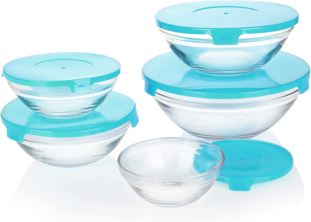 COM-FOUR® 5-delige set glazen schalen met deksel - glazen schalen met deksel in 5 maten - glazen slakom met deksel voor opslag (blauw)