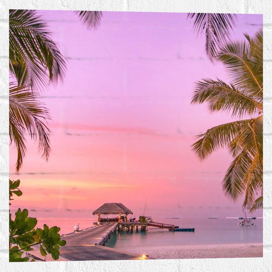 Muursticker - Maledieven Resort op het Water met Pastelkleurige Lucht - 50x50 cm Foto op Muursticker