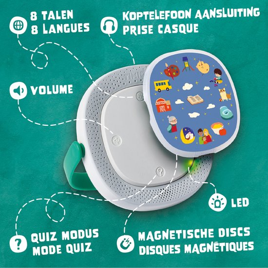 TIMIO speler met magnetische discs. Bevat 8 talen, volumeregeling, koptelefoonaansluiting, quizmodus en LED-lampje.