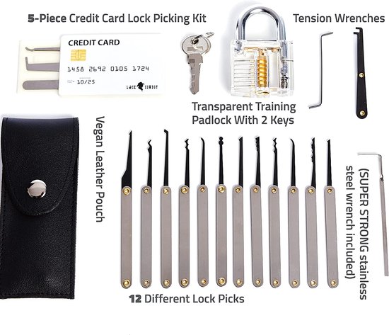 20-Delige Lock Picking Set voor Sloten met Transparant Training Hangslot en Credit Card Lock Pick Tool Kit van Lock Cowboy + Handleiding voor Beginner en Pro Slotenmakers - LockCowboy
