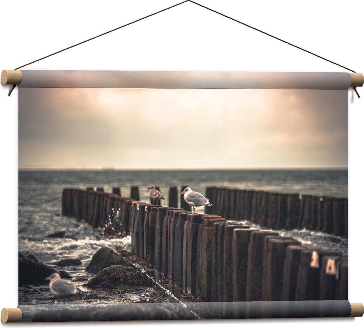 Textielposter - Meeuwen op Houten Palen bij de Zee - 60x40 cm Foto op Textiel