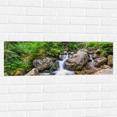Muursticker - Mooie Waterval tussen Rotsen in het Bos - 90x30 cm Foto op Muursticker
