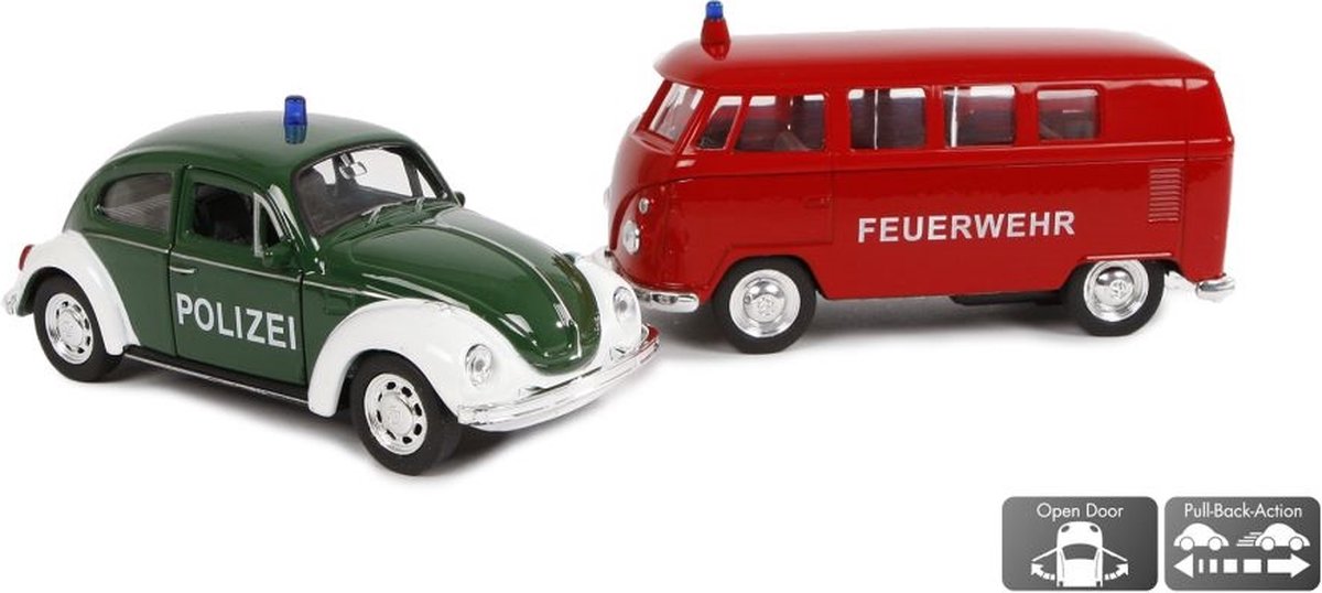 Volkswagen T1 Feuerwehr en Volkswagen Beetle Polizei schaal 1:38