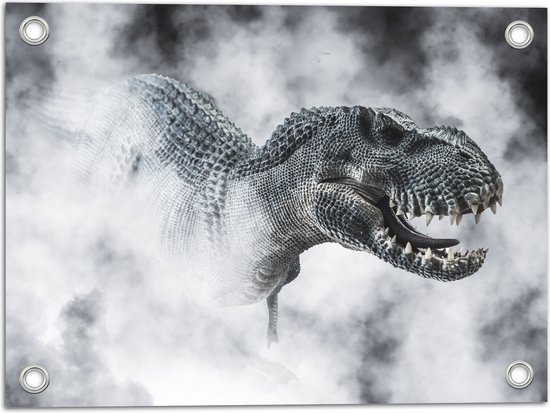 Tuinposter – Gevaarlijke T-rex Dinosauris in de Mist (Zwart- wit) - 40x30 cm Foto op Tuinposter (wanddecoratie voor buiten en binnen)