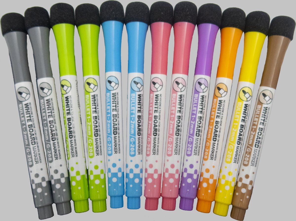 12 whiteboard stiften 8 kleuren met magneet / wisser in