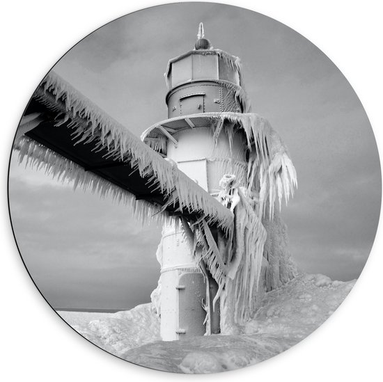 WallClassics - Dibond Muurcirkel - Toren met IJspegels (zwart/ wit) - 60x60 cm Foto op Aluminium Muurcirkel (met ophangsysteem)