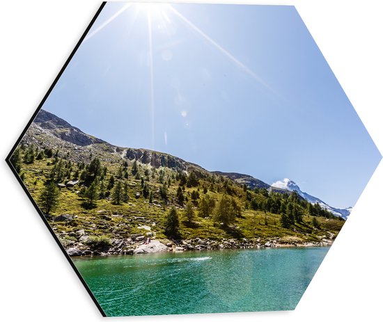 Dibond Hexagon - Zon boven Rivier in Zwitsers Landschap - 30x26.1 cm Foto op Hexagon (Met Ophangsysteem)